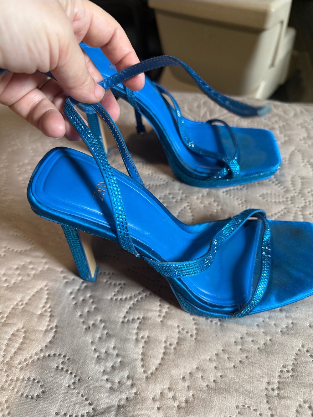 Zara Teal Blue Strappy Rhinestone Heeled Sandals